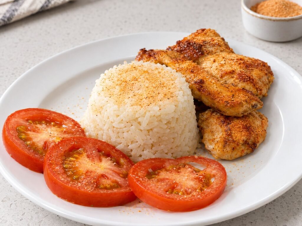 Arroz, pechuga de pollo y tomate sazonados con Sal Así