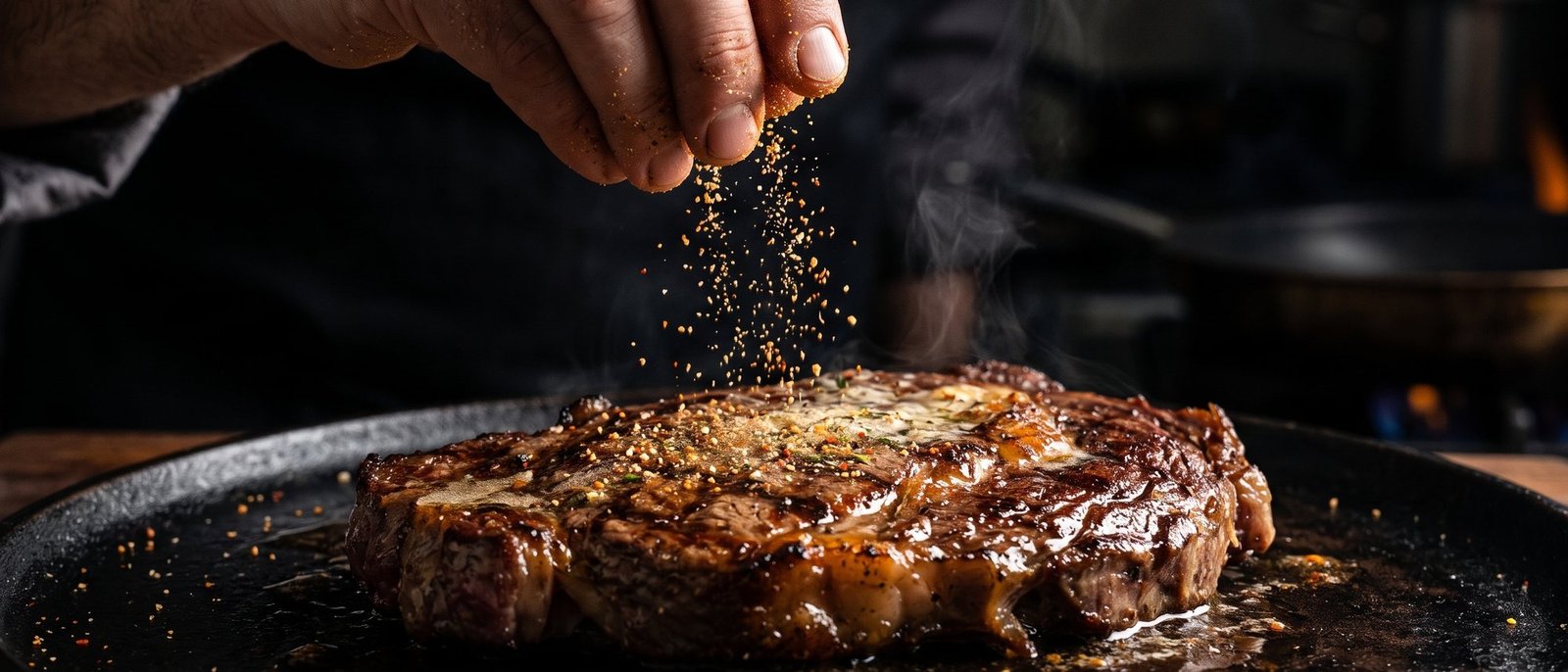 Mano echando Sal Así sobre un corte de carne en la plancha